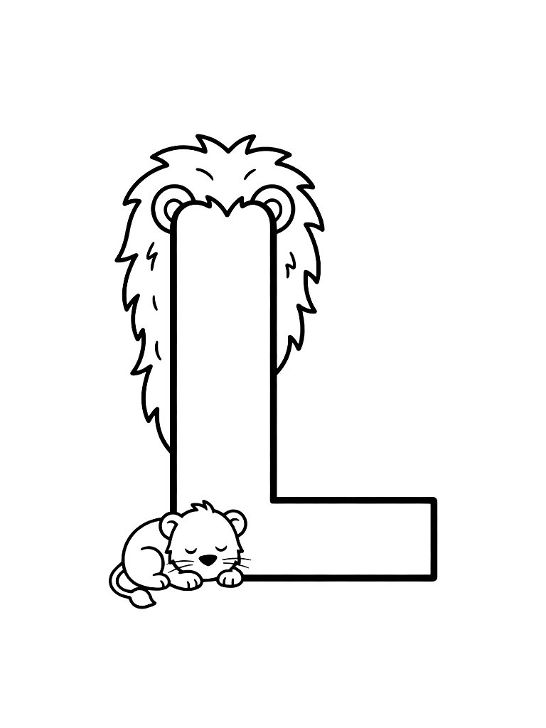 Large Capital Letter L Decorated With A Lion's Mane And A Small Lion Cub Sleeping At The Base coloring page — free printable for kids and adults