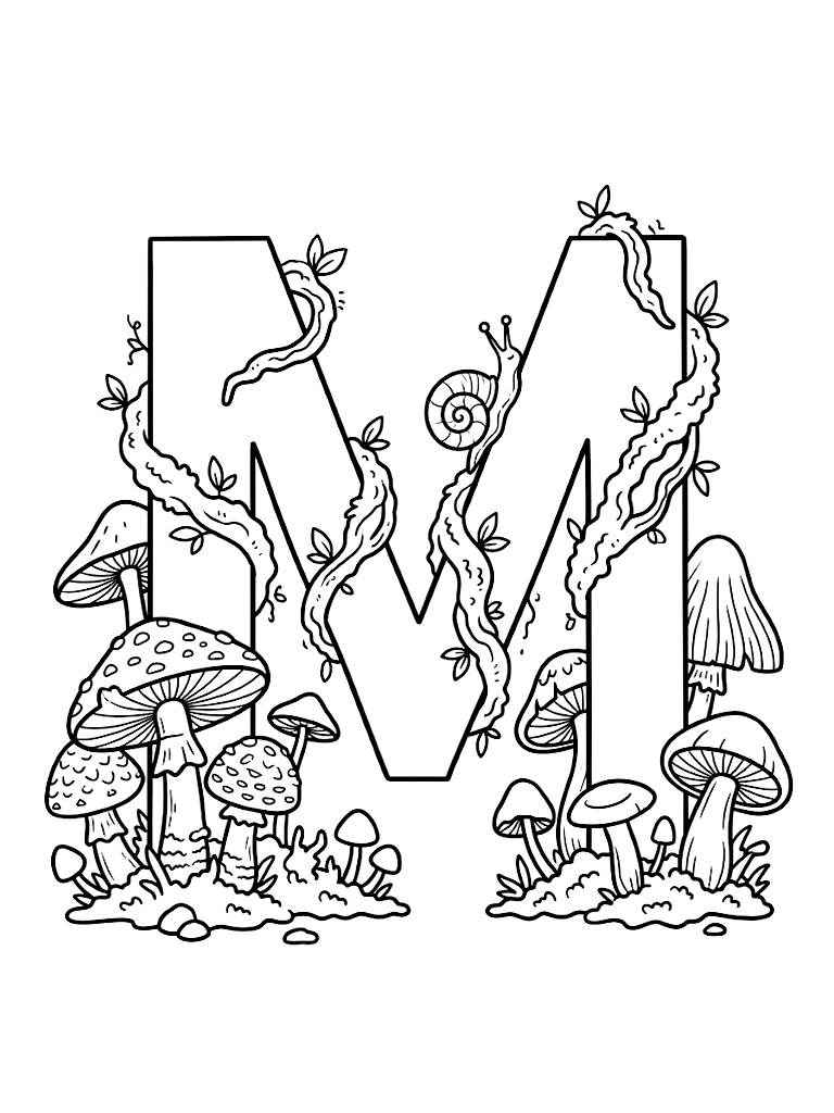 Large Capital Letter M Beautifully Intertwined With A Cluster Of Highly Detailed Forest Mushrooms Winding Moss And A Tiny Crawling Snail coloring page — free printable for kids and adults