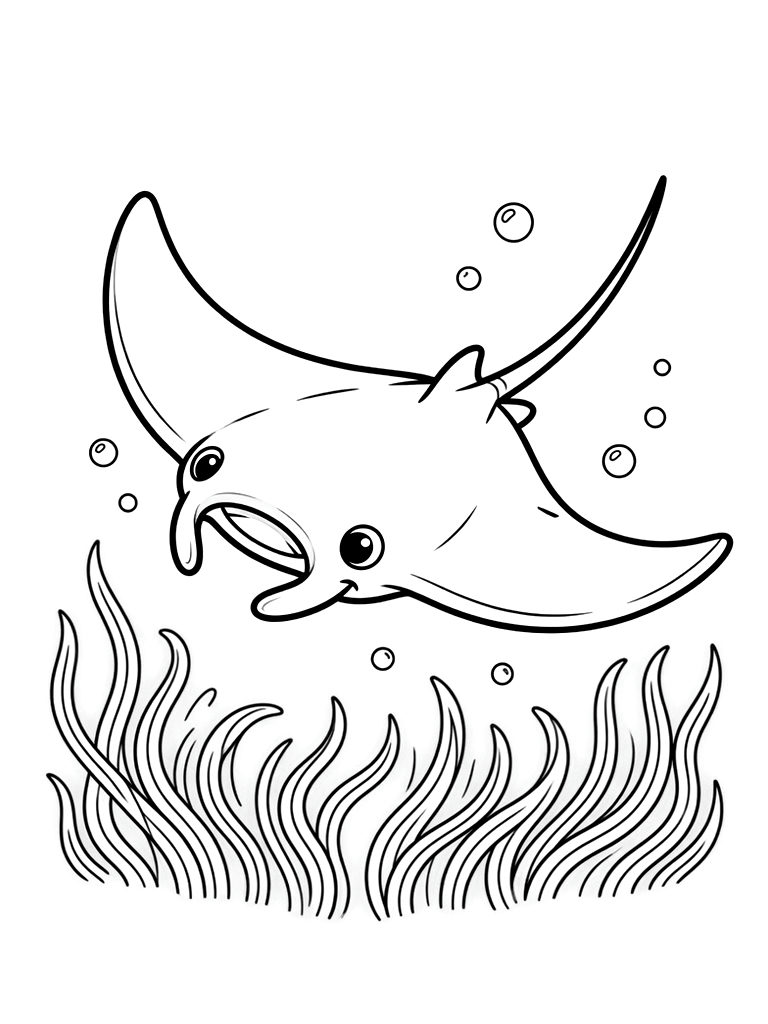 Large Manta Ray Swimming Over A Bed Of Glowing Sea Grass In The Deep Ocean Coloring Page