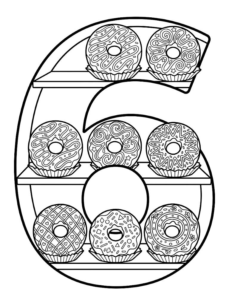 Large Number 6 Decorated As A Bakery Display Shelf Holding Exactly Six Intricately Frosted And Sprinkled Donuts coloring page — free printable for kids and adults