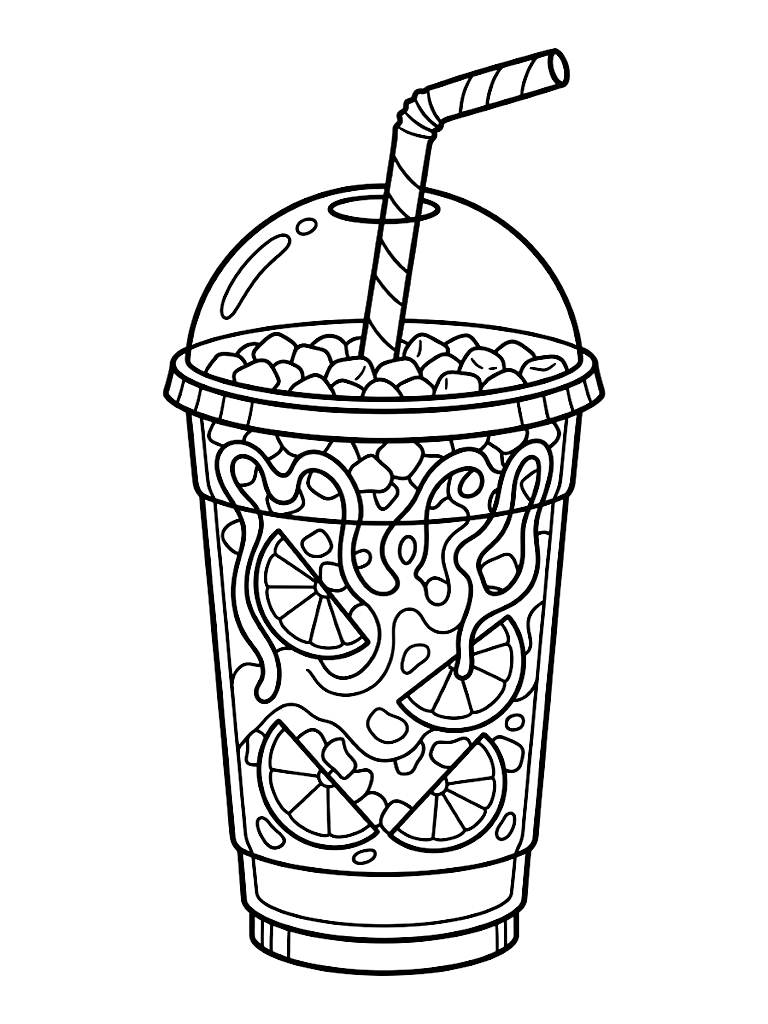 Large Plastic Cup Of Trendy Dirty Soda Filled With Pebble Ice Lime Slices And A Colorful Swirling Syrup Drizzle coloring page — free printable for kids and adults