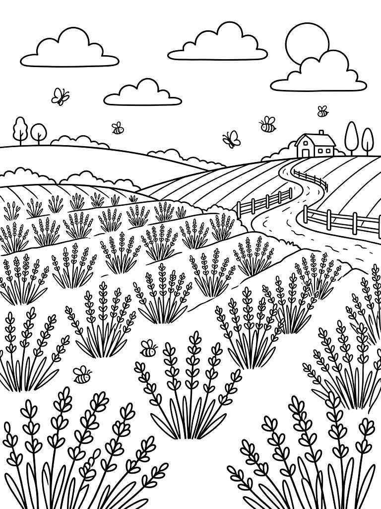 Lavender Fields And Purple Botanical Aesthetic coloring page — free printable for kids and adults