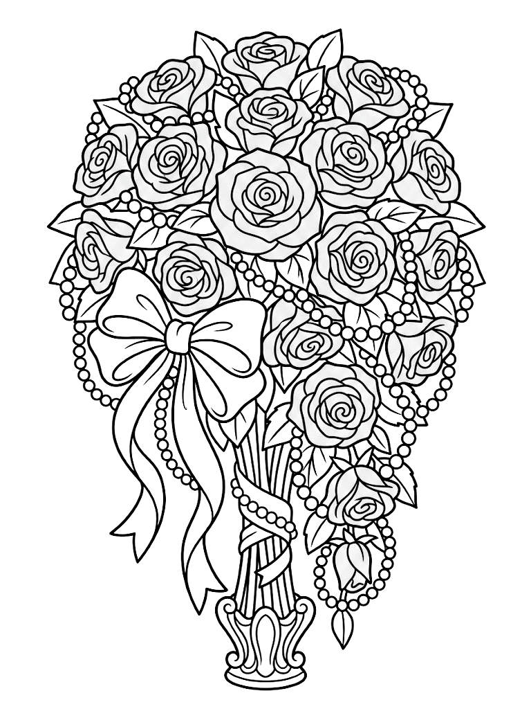 Lavish Marie Antoinette Inspired Bouquet Of Cascading Pastel Pink Roses With Pearl Strings And Oversized Silk Ribbon Bows coloring page — free printable for kids and adults