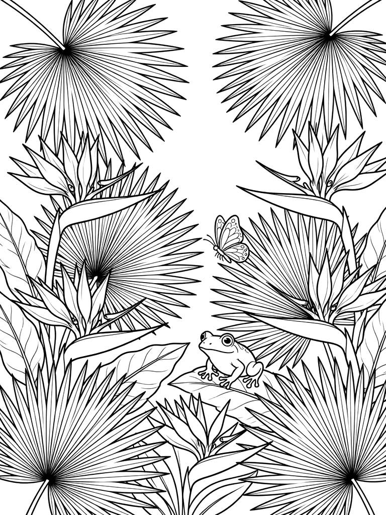 Layered Jungle Scene With Bird Of Paradise Flowers And Fan Palms Coloring Page