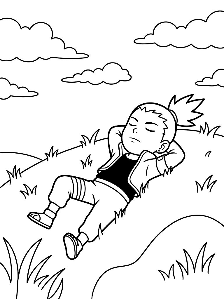 Lazy Shikamaru Nara Relaxing On A Soft Grassy Hill With His Hands Behind His Head Peacefully Watching The Clouds Drift By coloring page — free printable for kids and adults