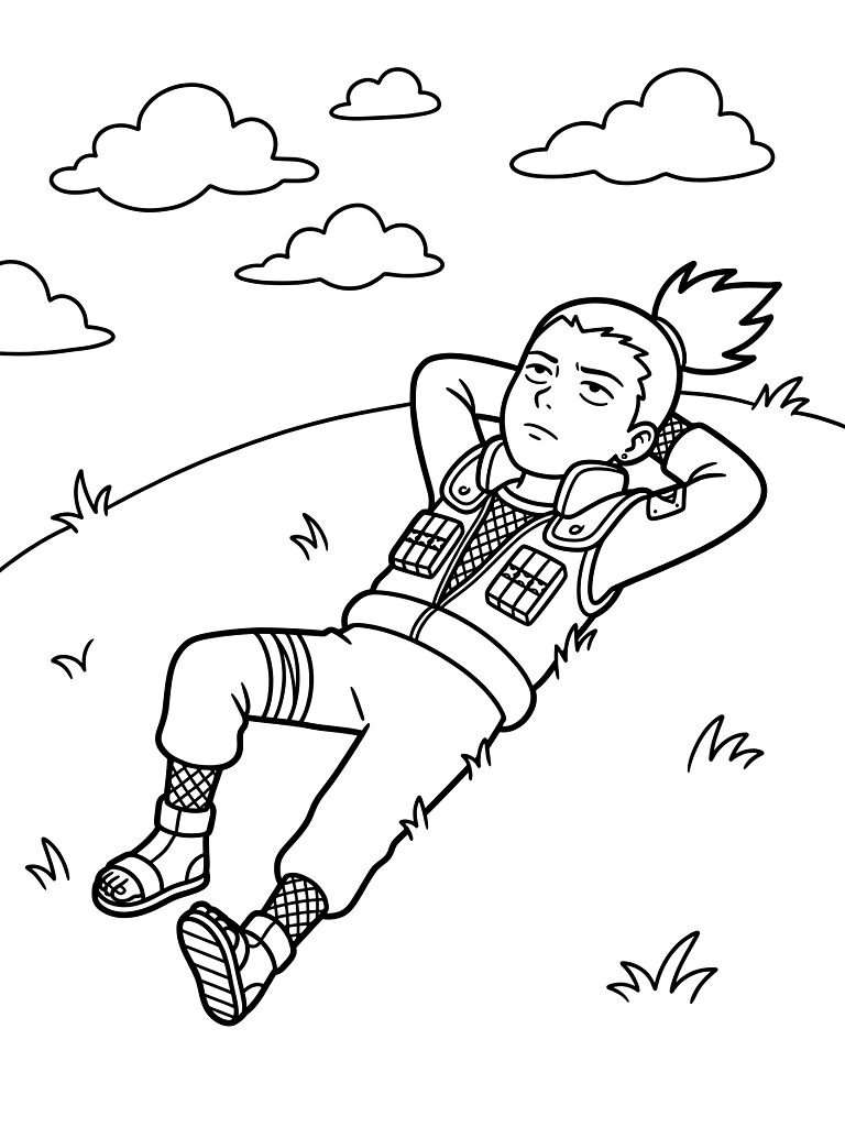 Lazy Shikamaru Nara Relaxing On A Soft Grassy Hill With His Hands Behind His Head Peacefully Watching The Clouds Drift By Coloring Page