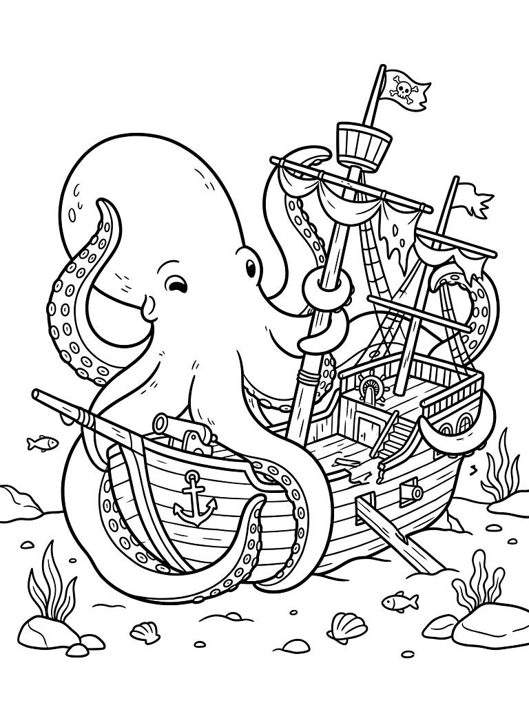 Legendary Giant Kraken With Massive Tentacles Tightly Wrapping Around An Ancient Sunken Pirate Shipwreck On The Dark Ocean Floor coloring page — free printable for kids and adults