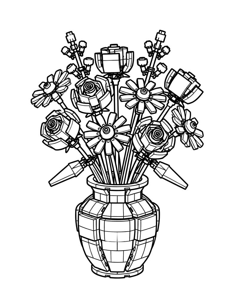Lego-style Botanical Bouquet Of Roses And Daisies In A Brick-built Vase Coloring Page