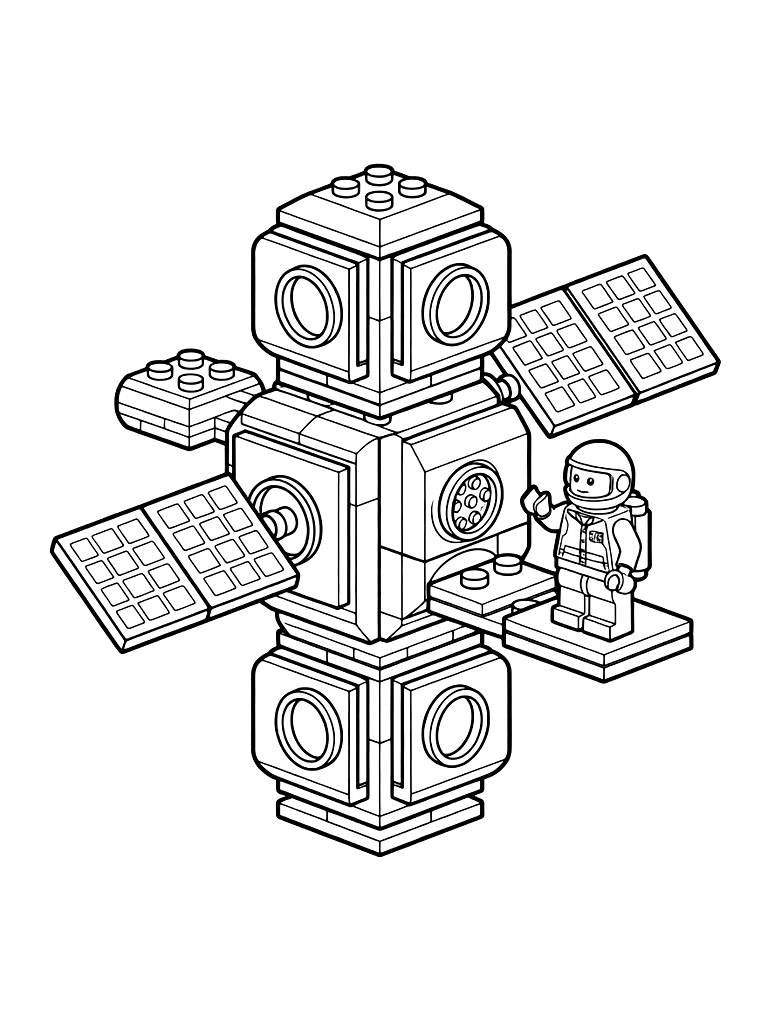 Lego-style Futuristic Space Station With Modular Rooms Coloring Page