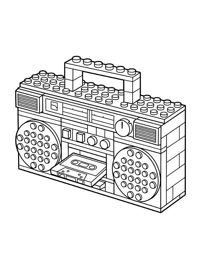Lego-Style Vintage 1970s Boombox Radio Built Entirely From Toy Bricks With A Plastic Cassette Tape Inserted Coloring Page