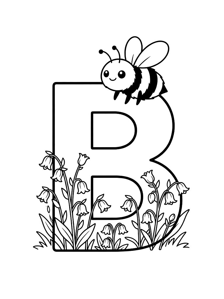 Letter B With A Large Bumblebee And A Field Of Bluebells Coloring Page — free printable for kids and adults
