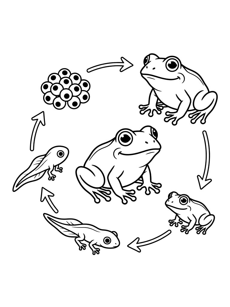 Life Cycle Of A Frog From Egg To Tadpole To Adult Coloring Page