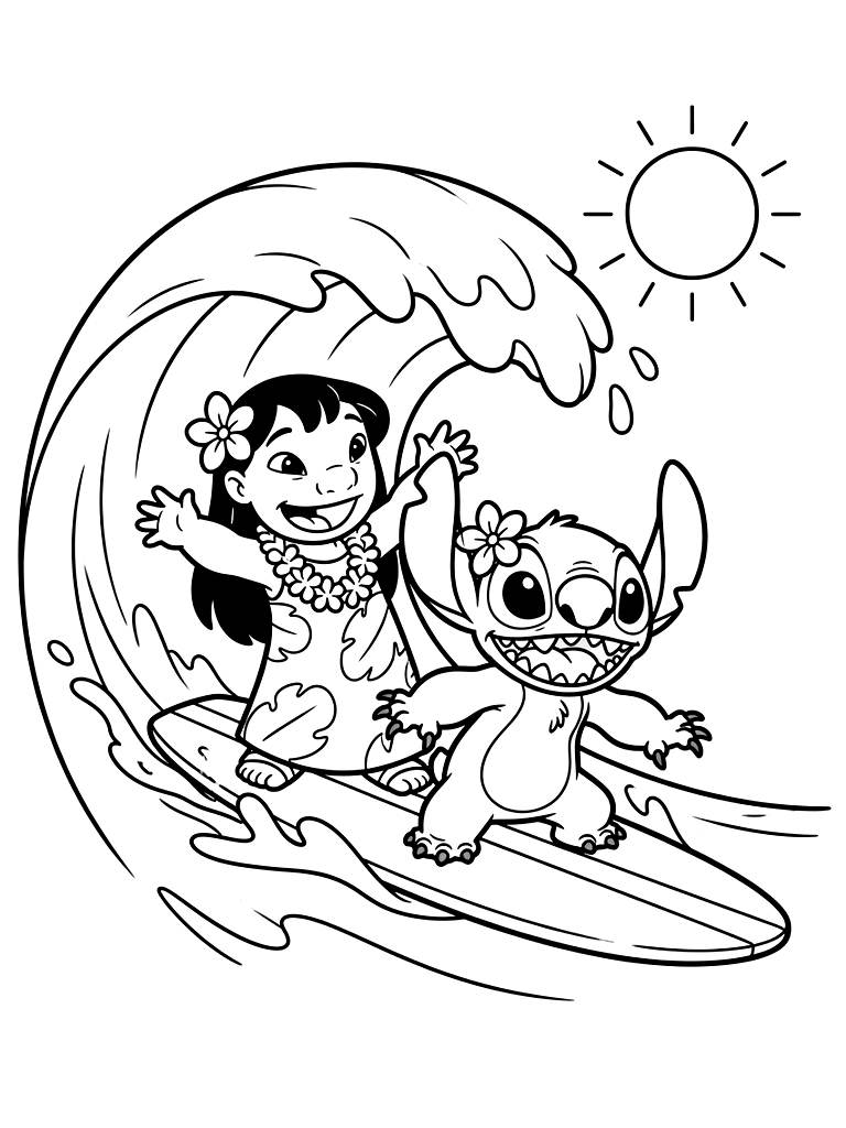 Lilo & Stitch Surfing On Giant Summer Waves coloring page — free printable for kids and adults