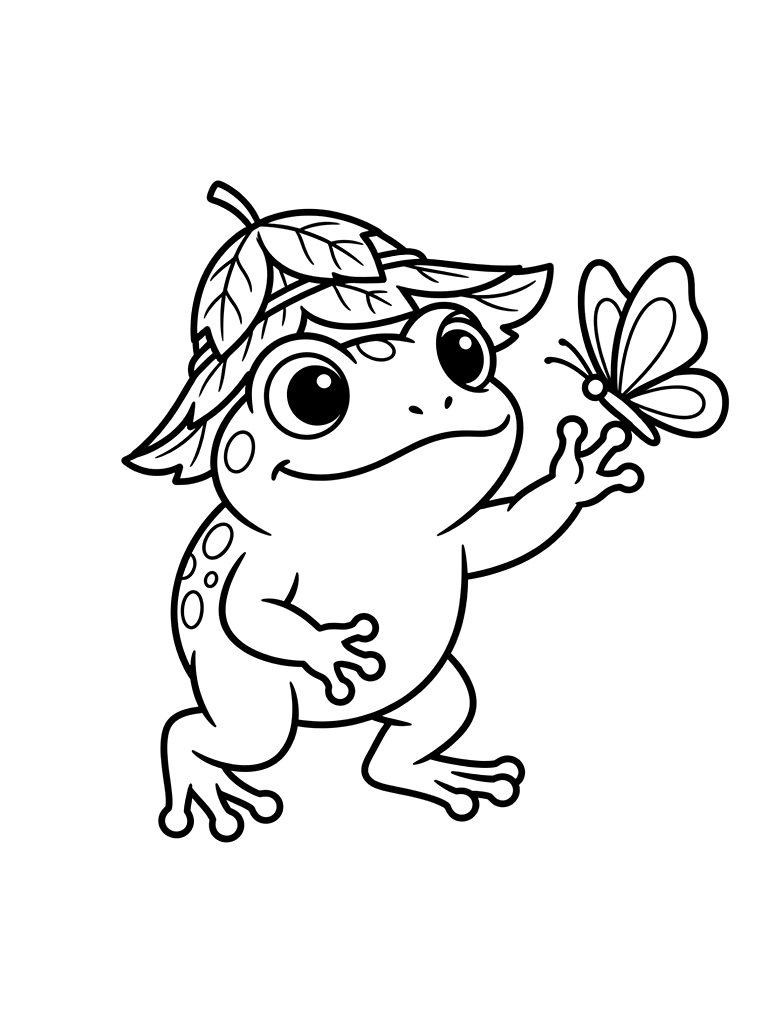 Little Frog Wearing A Leaf Hat Reaching For A Butterfly Coloring Page