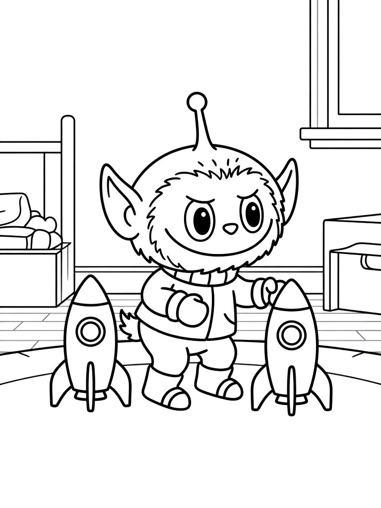 Little Green Alien Toy From Toy Story Standing Next To A Miniature Plastic Retro Rocket Ship Toy In A Child's Bedroom Setting coloring page — free printable for kids and adults