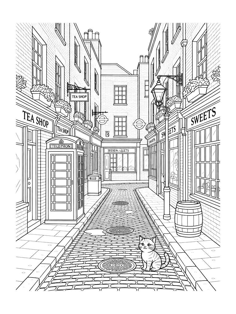 London Cobblestone Alley Coloring Page