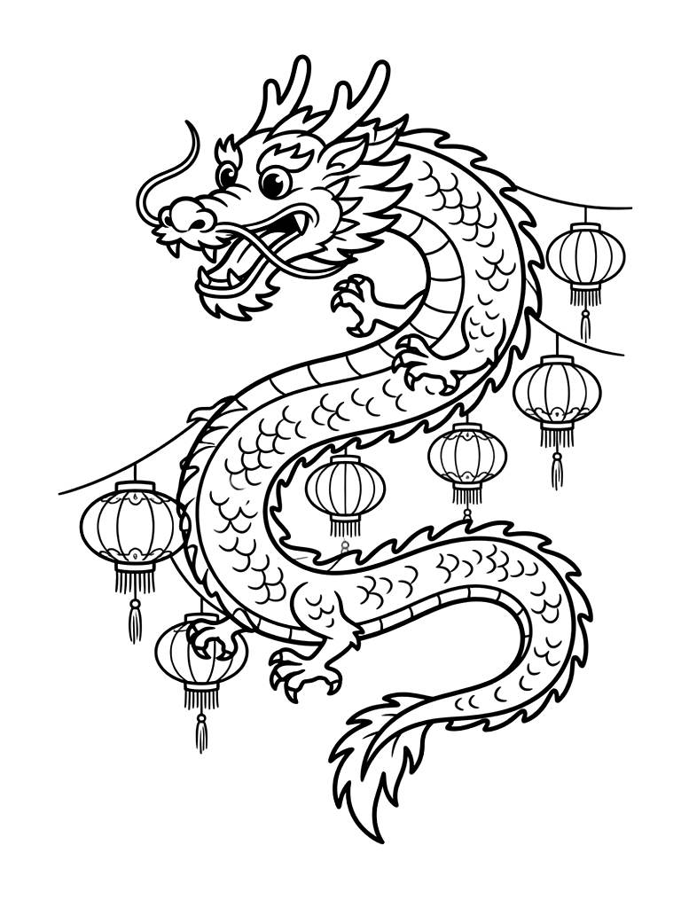 Long Winding Chinese Dragon Dancing Through A Street Of Festive Red Lanterns Coloring Page