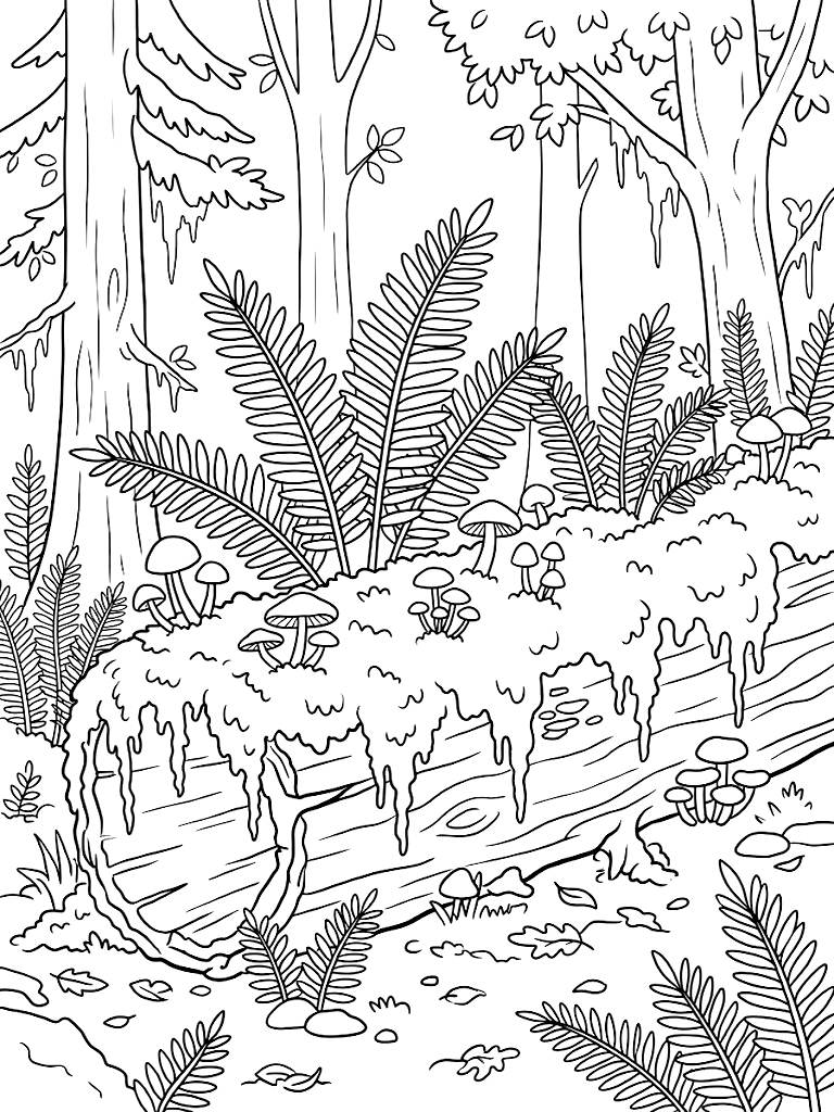 Lush Temperate Rainforest Scene Featuring A Massive Moss-Draped Nurse Log Sprouting Giant Sword Ferns And Delicate Fungi coloring page — free printable for kids and adults