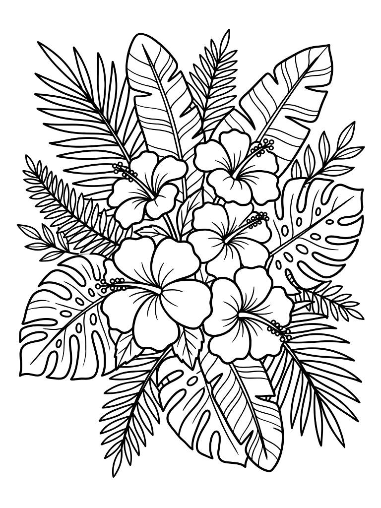 Lush Tropical Leaves And Hibiscus Flowers Coloring Page