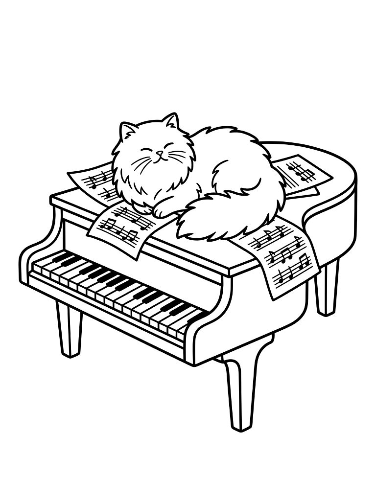 Luxurious Fluffy Persian Cat Lounging Gracefully On Top Of A Vintage Grand Piano Surrounded By Scattered Classical Sheet Music coloring page — free printable for kids and adults