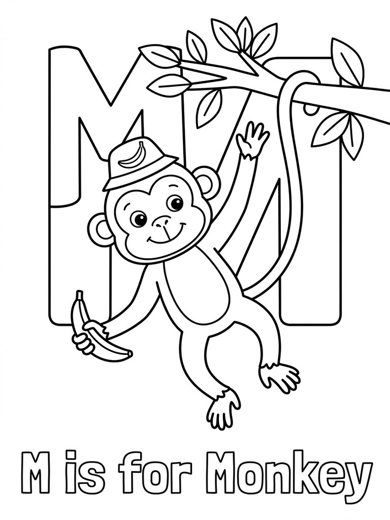 M Is For Monkey coloring page — free printable for kids and adults