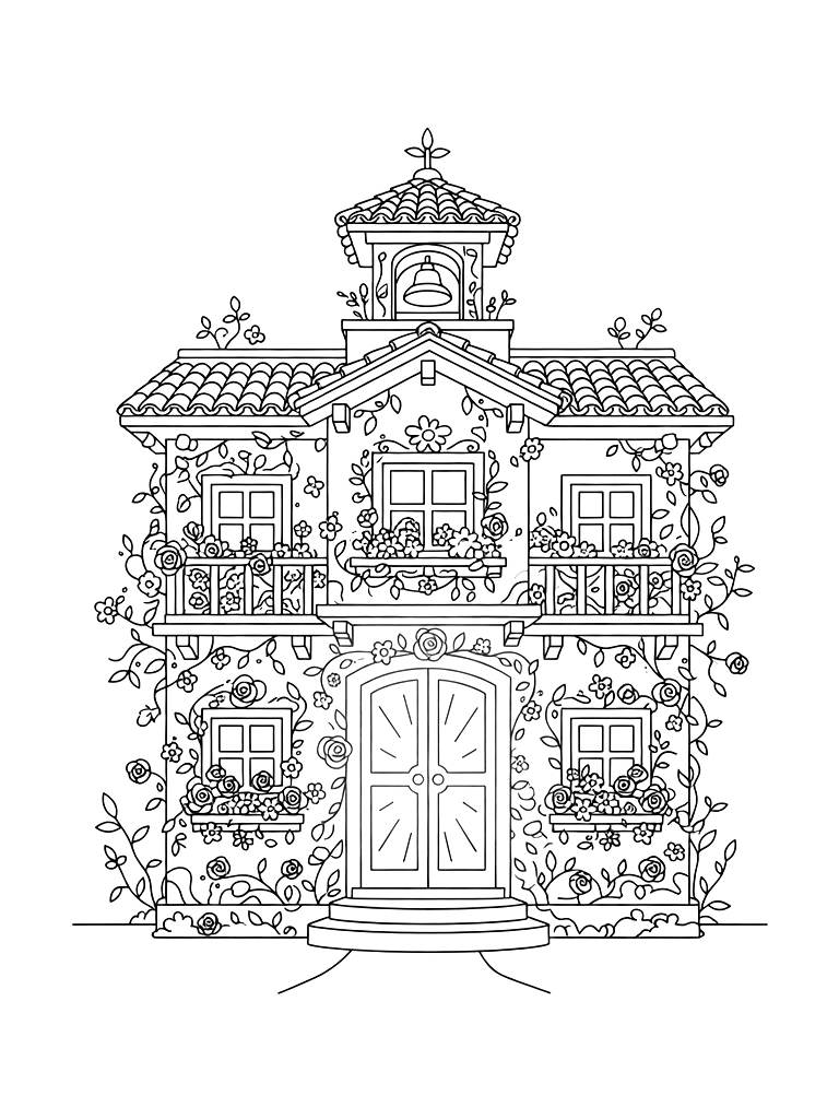 Magical Madrigal House From Encanto With Flowers Blooming On Every Balcony And A Glowing Golden Door Coloring Page