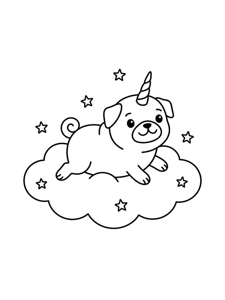 Magical Pugicorn With Unicorn Horn, Floating On A Cloud With Stars Coloring Page