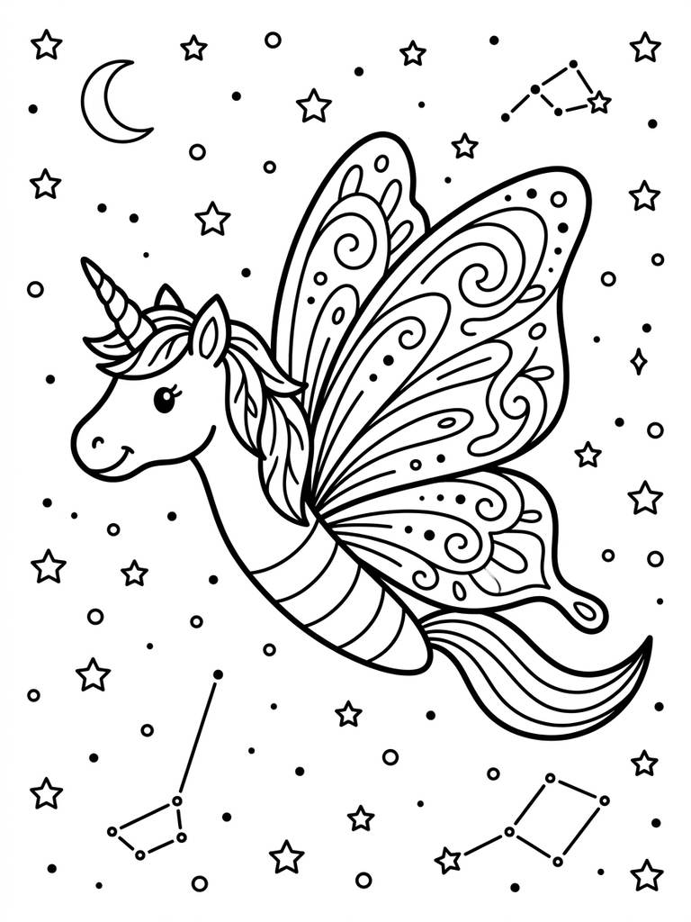 Magical Unicorn Butterfly Coloring Page