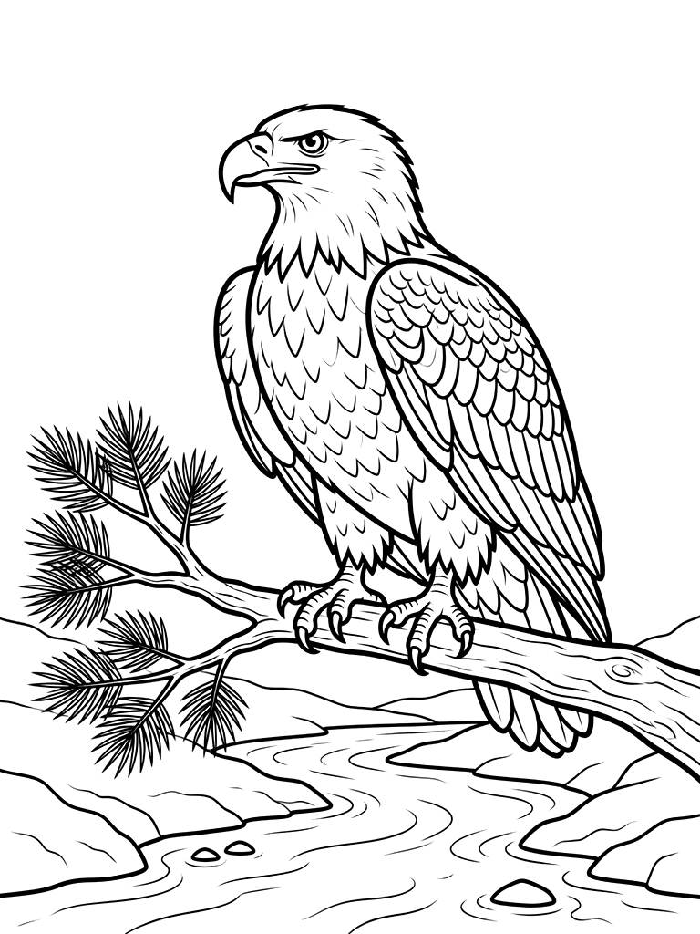 Majestic Bald Eagle Perched On A Pine Branch Overlooking A River Coloring Page