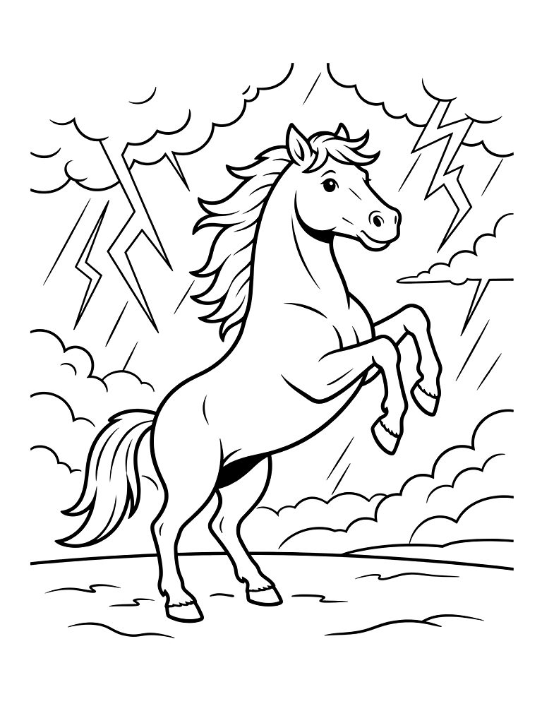 Majestic Black Stallion Rearing Up On Its Hind Legs In A Stormy Landscape With Lightning Coloring Page