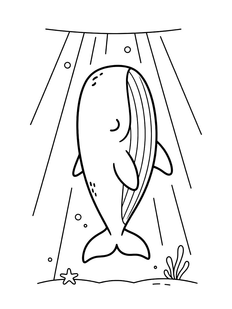 Majestic Blue Whale Sleeping Vertically In The Deep Ocean With Shafts Of Light From The Surface Coloring Page