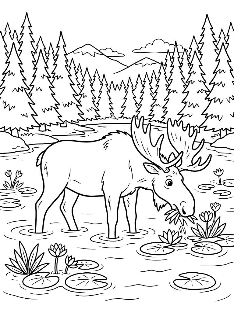 Majestic Bull Moose Wading Through A Still Alpine Lake Feeding On Water Lilies With A Dense Pine Forest Background coloring page — free printable for kids and adults