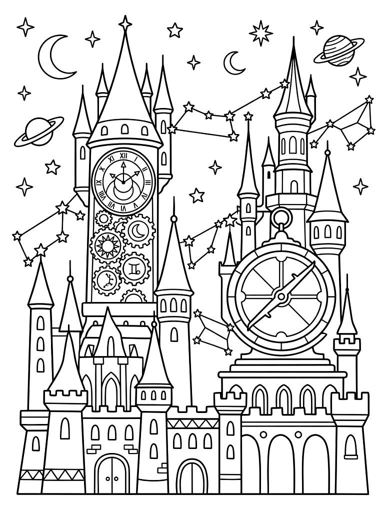 Majestic Celestial Castle Featuring Towering Astronomical Clocks Giant Brass Astrolabes And Glowing Constellation Bridges In The Night Sky Coloring Page