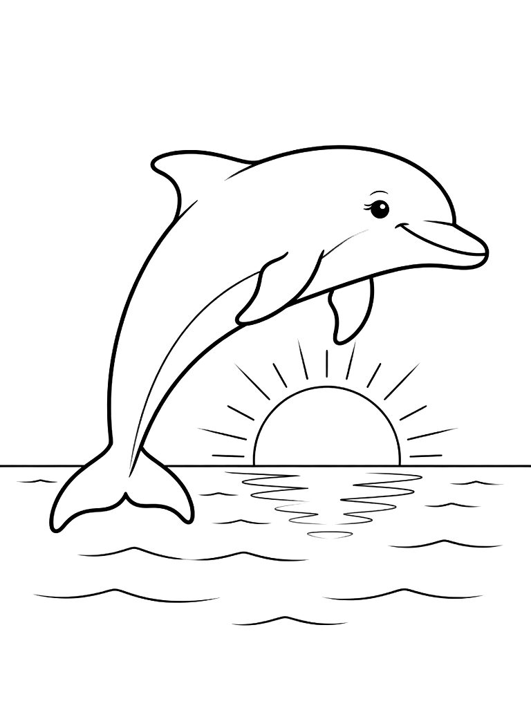 Majestic Dolphin Leaping Gracefully Out Of A Calm Ocean At Sunrise With The Glowing Sun Reflecting On The Water Surface Coloring Page