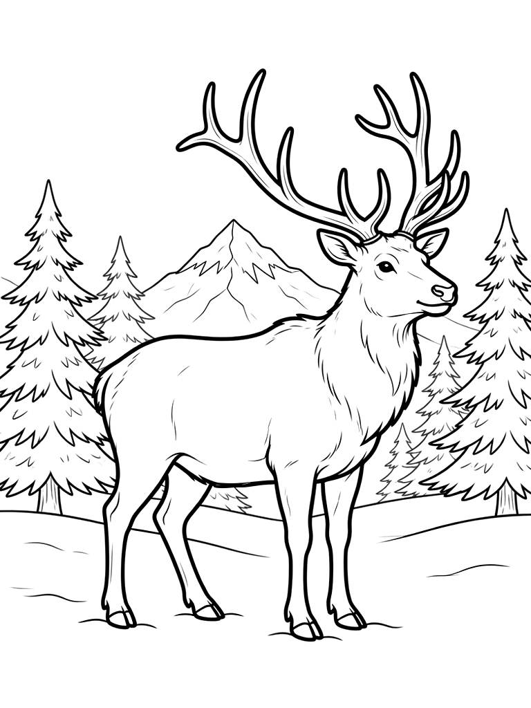 Majestic Elk Standing In A Snowy Clearing With Frost-covered Pine Trees And A Distant Frozen Peak Coloring Page
