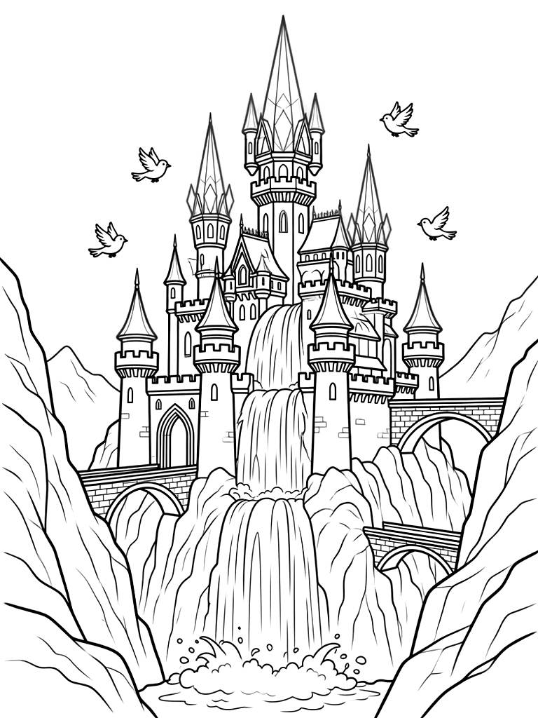 Majestic Fantasy Castle Built Into A Towering Mountain Waterfall With Stone Arch Bridges coloring page — free printable for kids and adults
