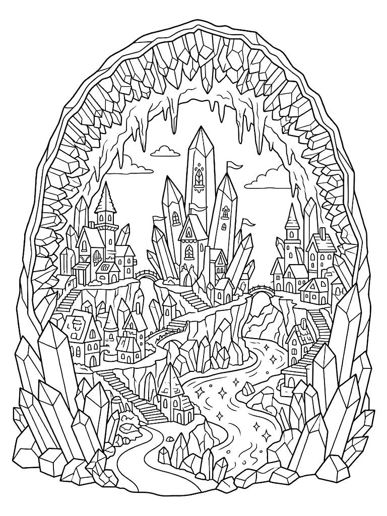 Majestic Fantasy City Carved Deep Into A Massive Glowing Amethyst Geode Cavern With Crystal Spires And Luminescent Rivers coloring page — free printable for kids and adults