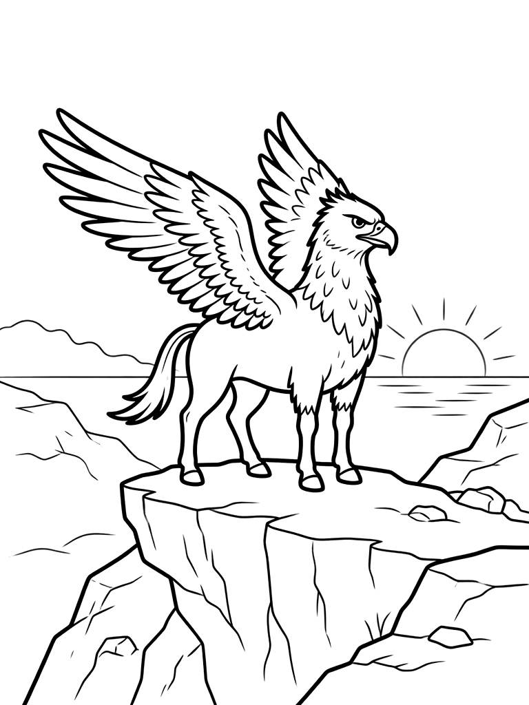 Majestic Hippogriff Standing On A Rocky Cliffside During A Golden Sunset Coloring Page