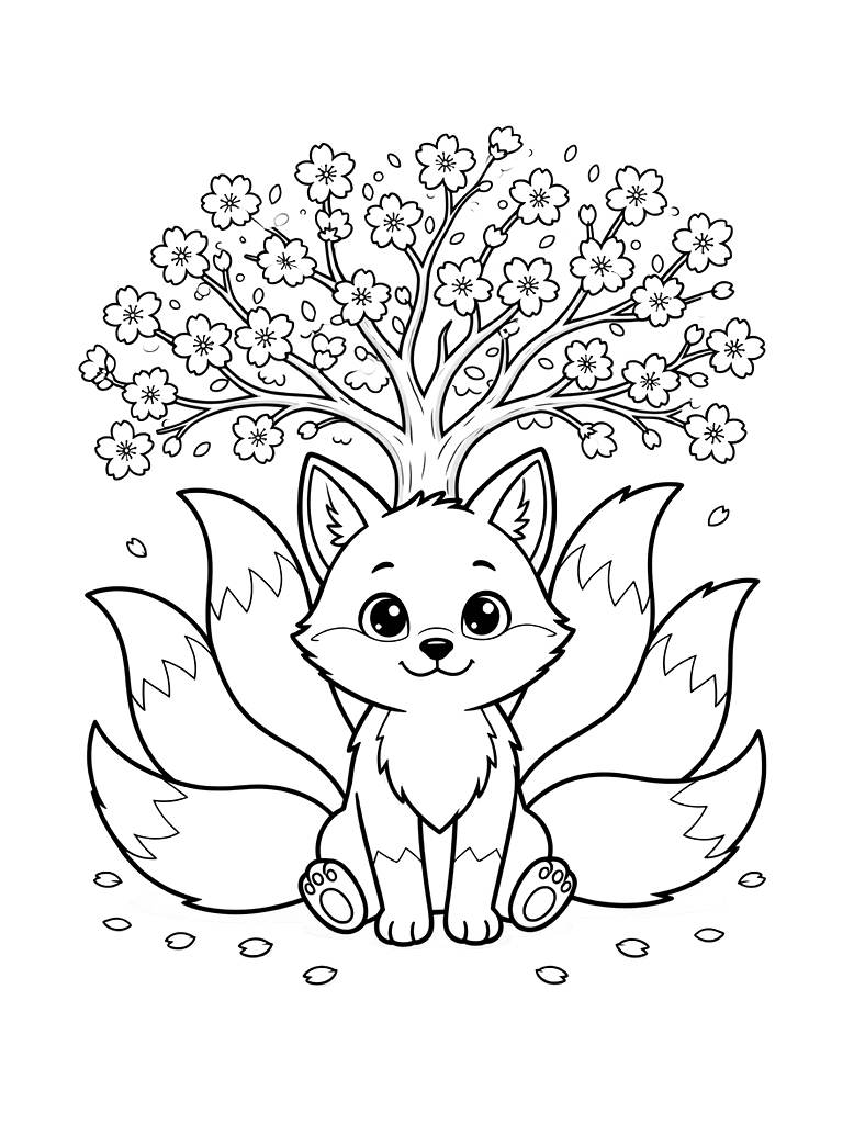 Majestic Kitsune Nine-tailed Fox Sitting Under A Flowering Cherry Blossom Tree Coloring Page
