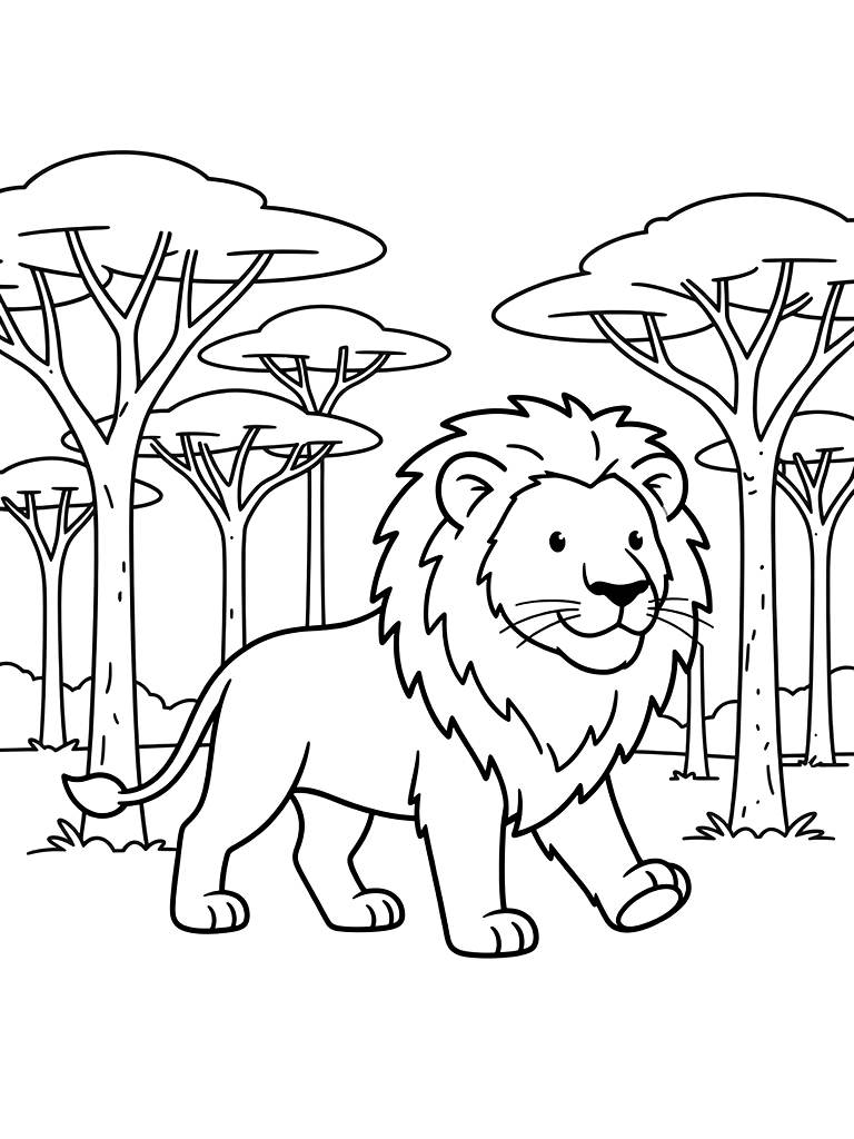 Majestic Lion With A Thick Mane Walking Through A Forest Of Tall Acacia Trees Coloring Page