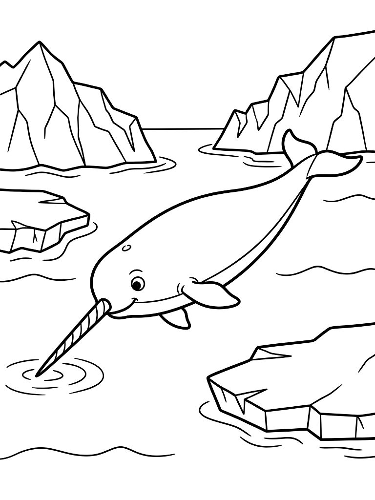 Majestic Narwhal Gliding Through Icy Arctic Waters With Its Long Spiraled Tusk Piercing The Surface Near Floating Jagged Glaciers coloring page — free printable for kids and adults