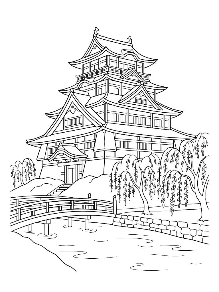 Majestic Traditional Japanese Samurai Castle With Multi-Tiered Sweeping Roofs Surrounded By A Calm Moat And Weeping Willow Trees coloring page — free printable for kids and adults