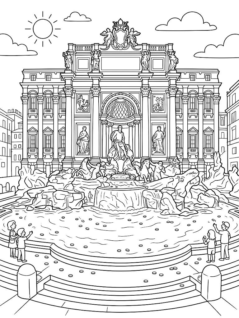 Majestic Trevi Fountain In Rome Glistening In The Summer Sun With Intricate Baroque Sculptures And Tossed Coins In The Water Coloring Page