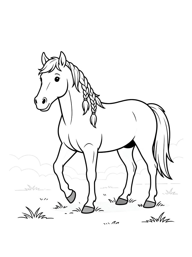 Majestic White Horse With A Braided Mane Standing In A Misty Morning Meadow Coloring Page