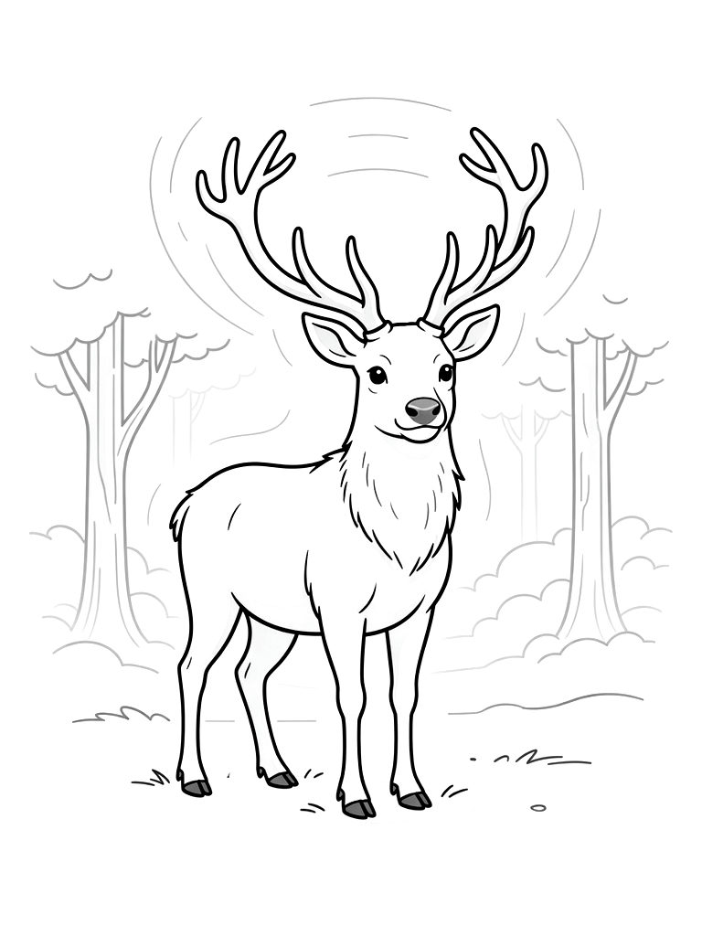 Majestic White Stag Standing Peacefully In A Misty Forest With A Glowing Aura Coloring Page