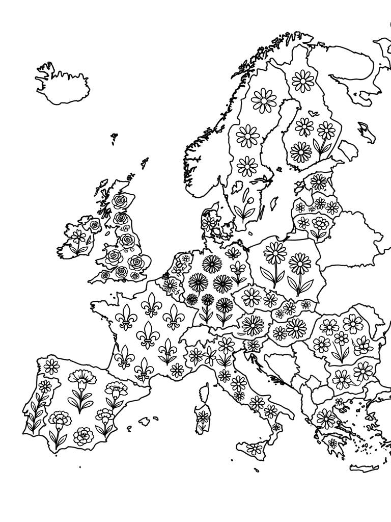 Map Of Europe With Each Country Area Filled With Its National Flower Pattern Coloring Page — free printable for kids and adults