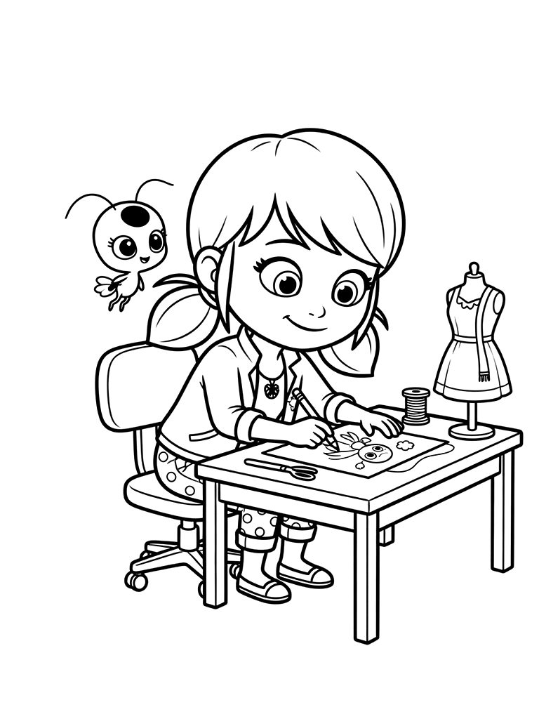 Marinette In Her Bedroom Designing A New Dress With Her Kwami Tikki Coloring Page