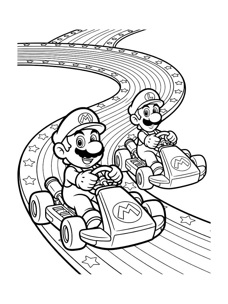 Mario And Luigi Driving Karts On A Rainbow Road Track Coloring Page