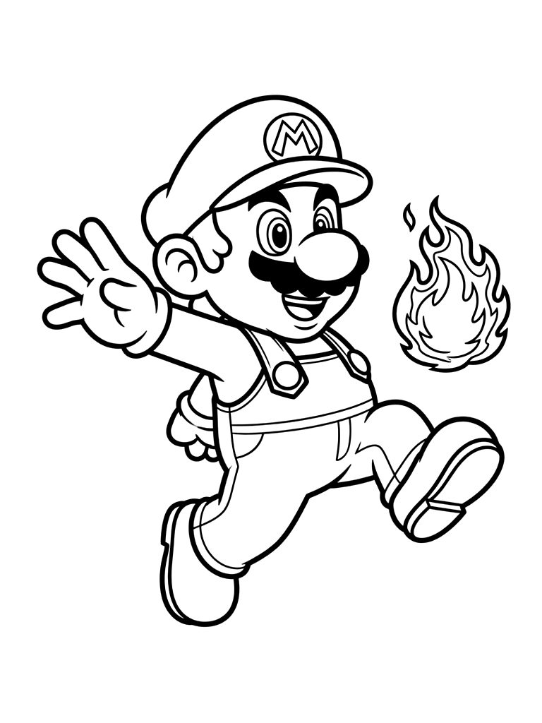 Mario Jumping With Fireball coloring page — free printable for kids and adults