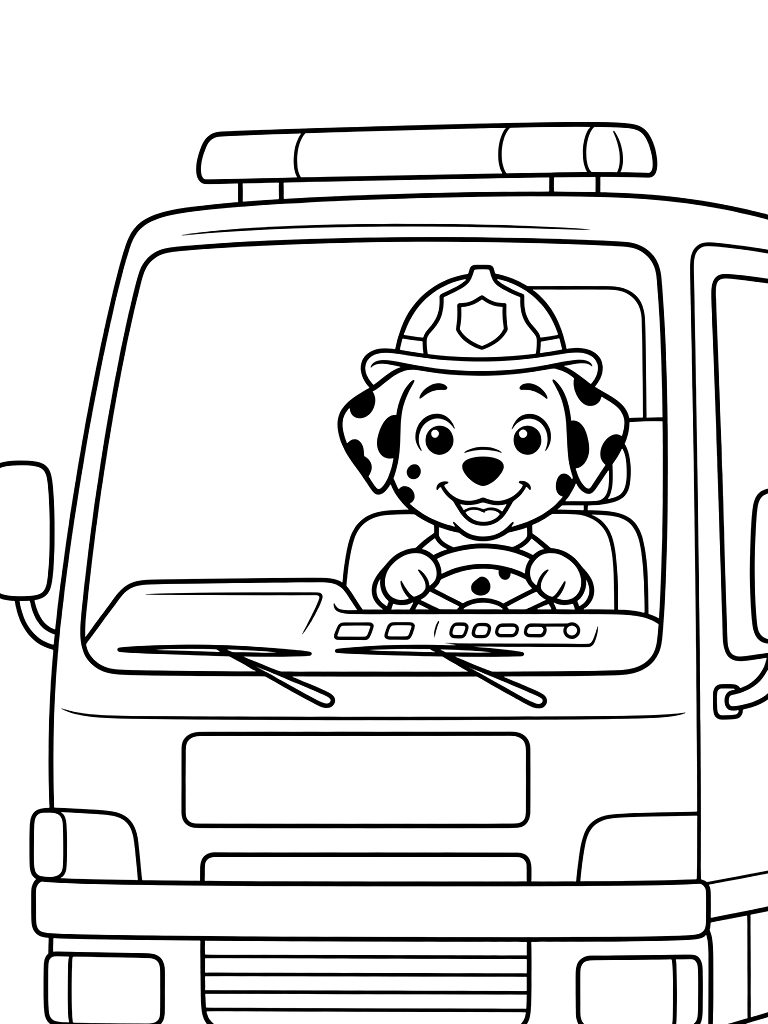 Marshall The Dalmatian Dog Sitting In The Driver's Seat Of His Big Red Fire Truck With His Helmet On Coloring Page